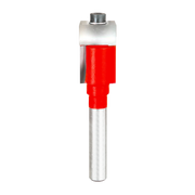 Router bit with red cutting body, silver metal shaft, and bearing guide at top.