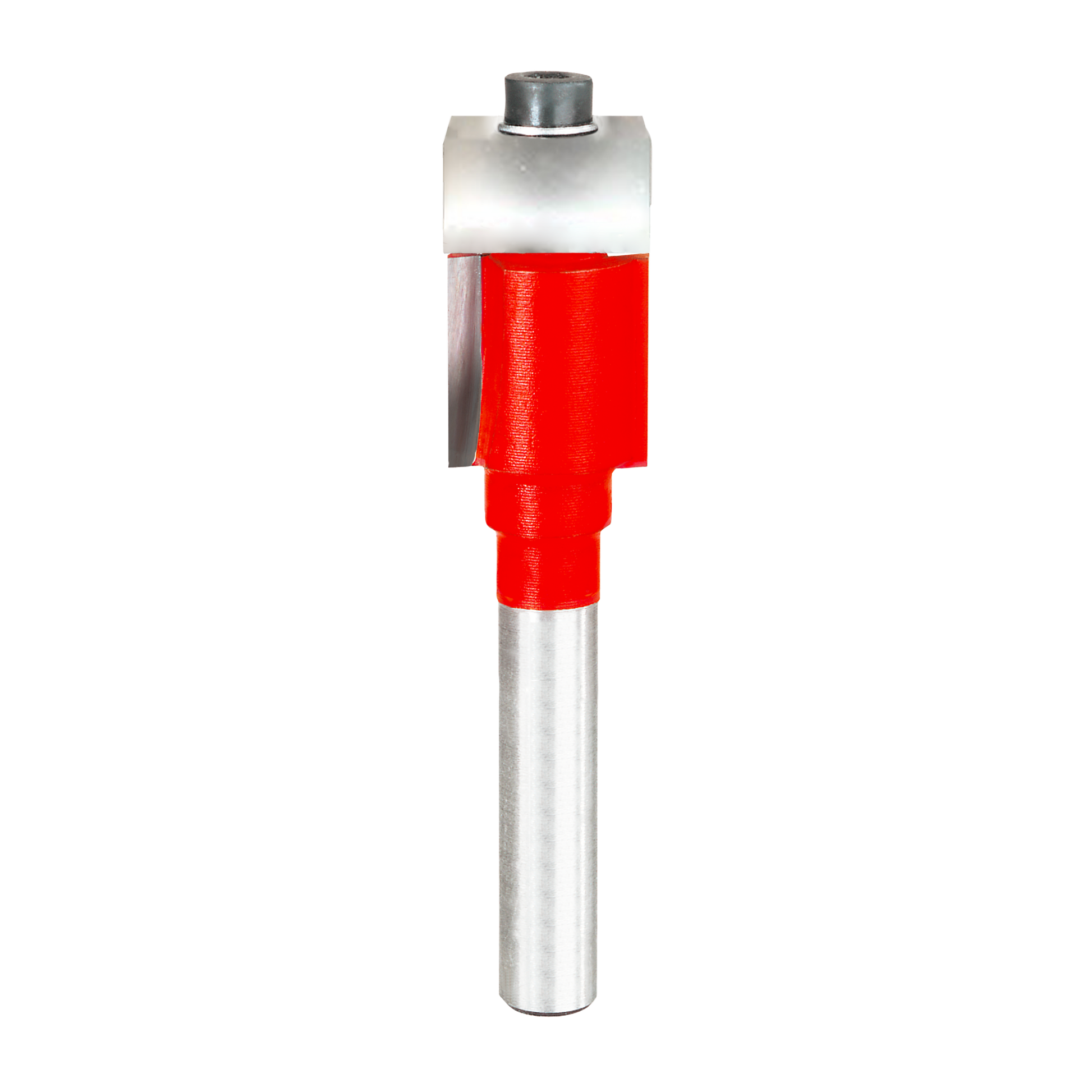 Router bit with red cutting body, silver metal shaft, and bearing guide at top.
