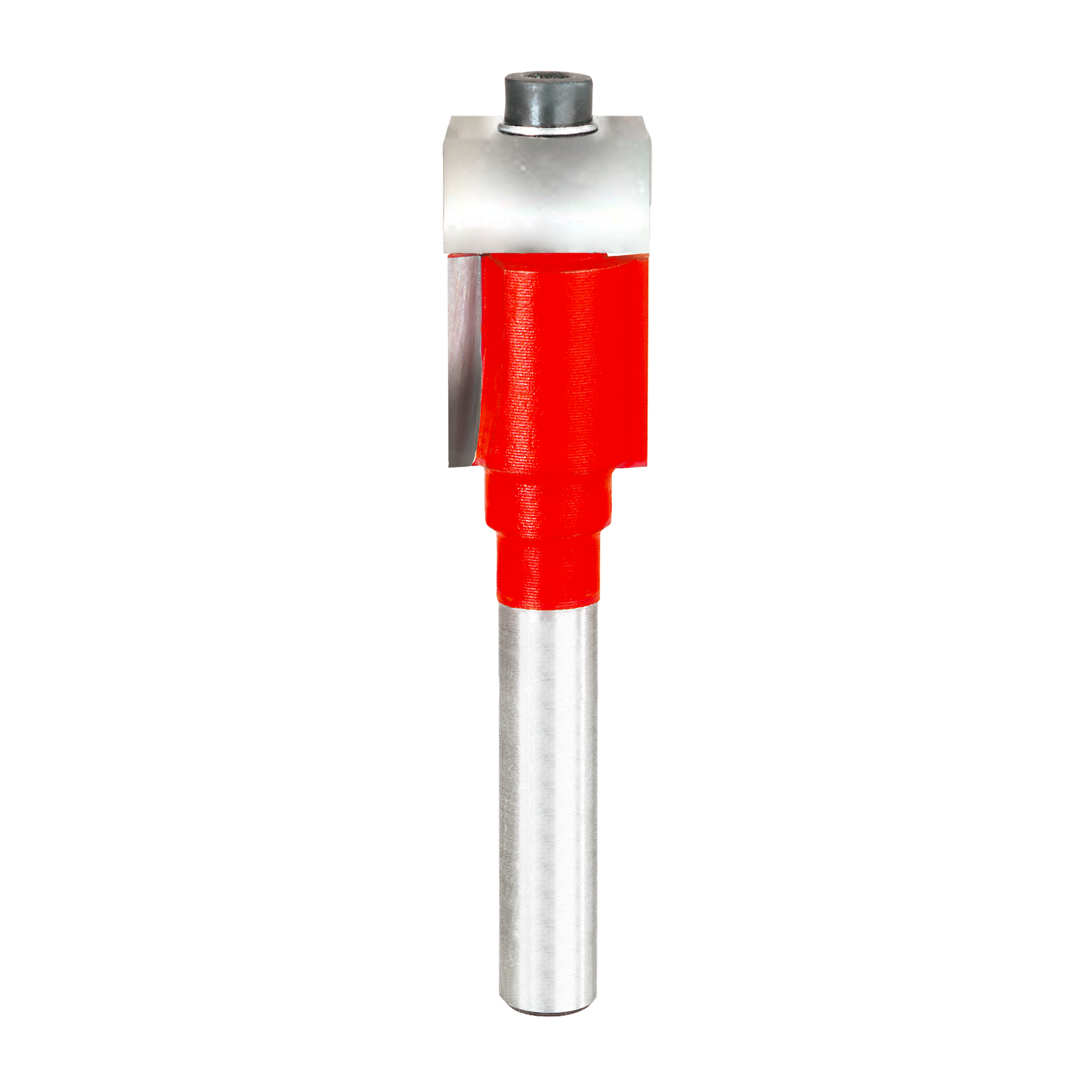 Router bit with red cutting body, silver metal shaft, and bearing guide at top.