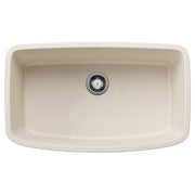 Soft white single bowl undermount sink with rounded rectangular shape and stainless steel drain.