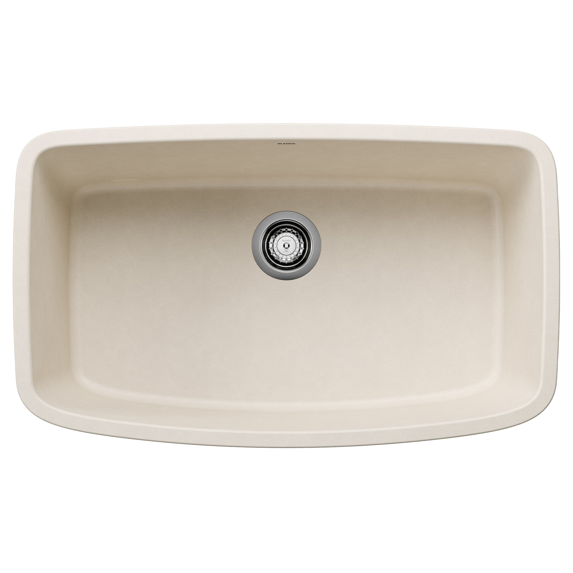 Soft white single bowl undermount sink with rounded rectangular shape and stainless steel drain.