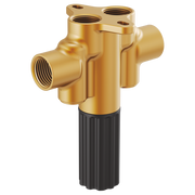 Brass dual waterway shower arm rough-in with dual threaded outlets and black ribbed inlet.