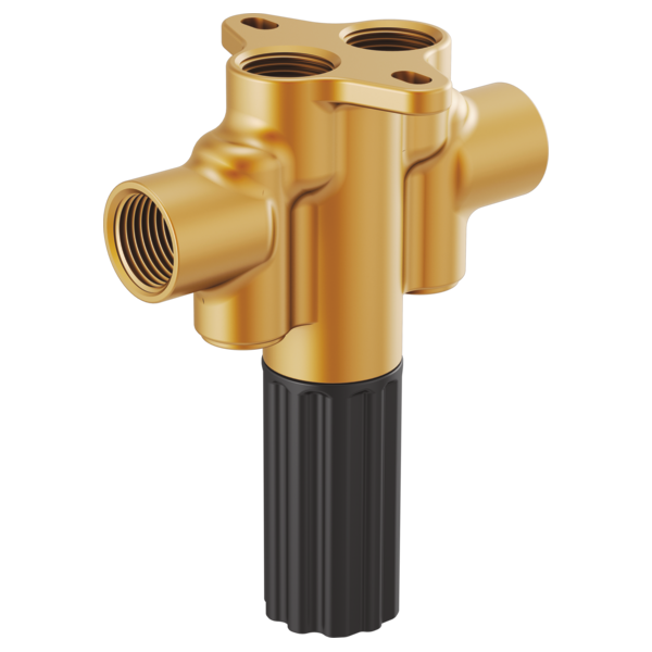 Brass dual waterway shower arm rough-in with dual threaded outlets and black ribbed inlet.