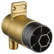 Brass rough-in valve with wall-mounted bracket, threaded outlet, and black rotary handle with hexagonal pattern.