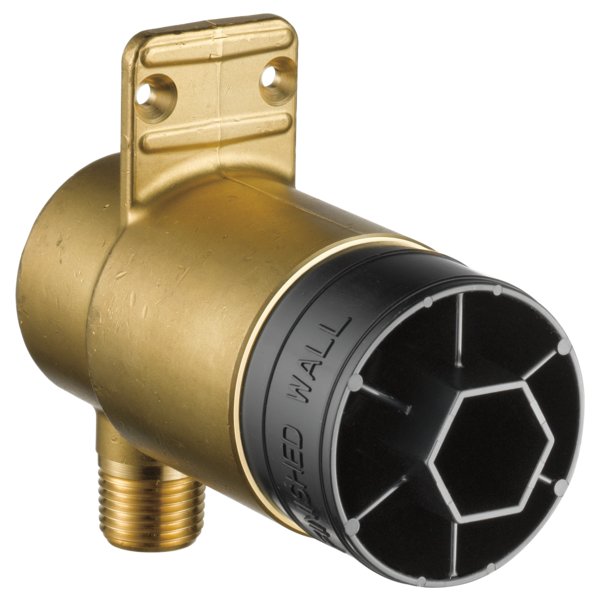 Brass rough-in valve with wall-mounted bracket, threaded outlet, and black rotary handle with hexagonal pattern.
