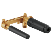 Brass wall-mount rough valve with two black cylindrical sleeves and threaded ports for lavatory faucet installation.