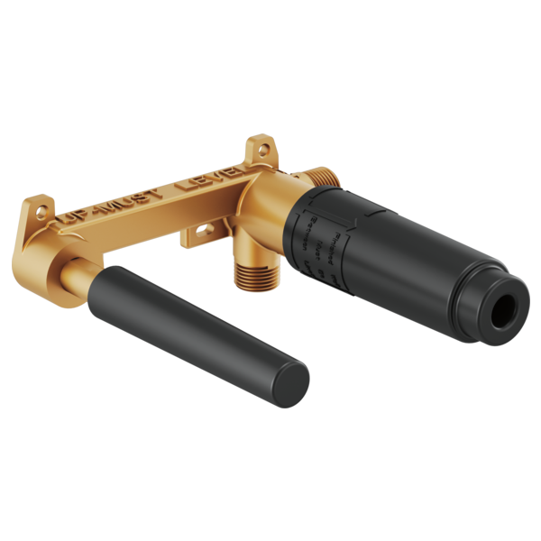 Brass wall-mount rough valve with two black cylindrical sleeves and threaded ports for lavatory faucet installation.
