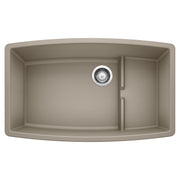 Truffle-colored undermount kitchen sink with two basins and chrome drain fixture, viewed from above.