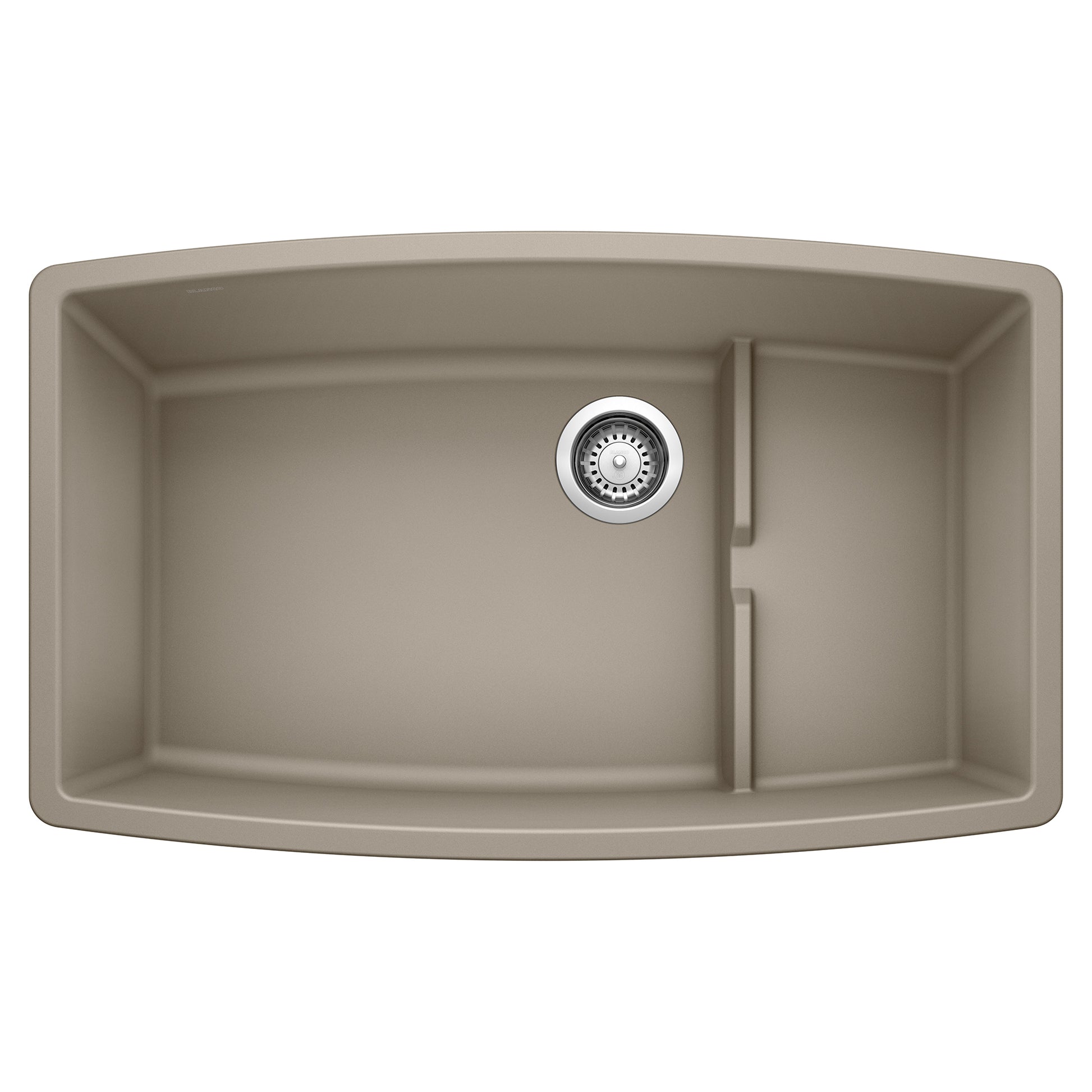 Truffle-colored undermount kitchen sink with two basins and chrome drain fixture, viewed from above.