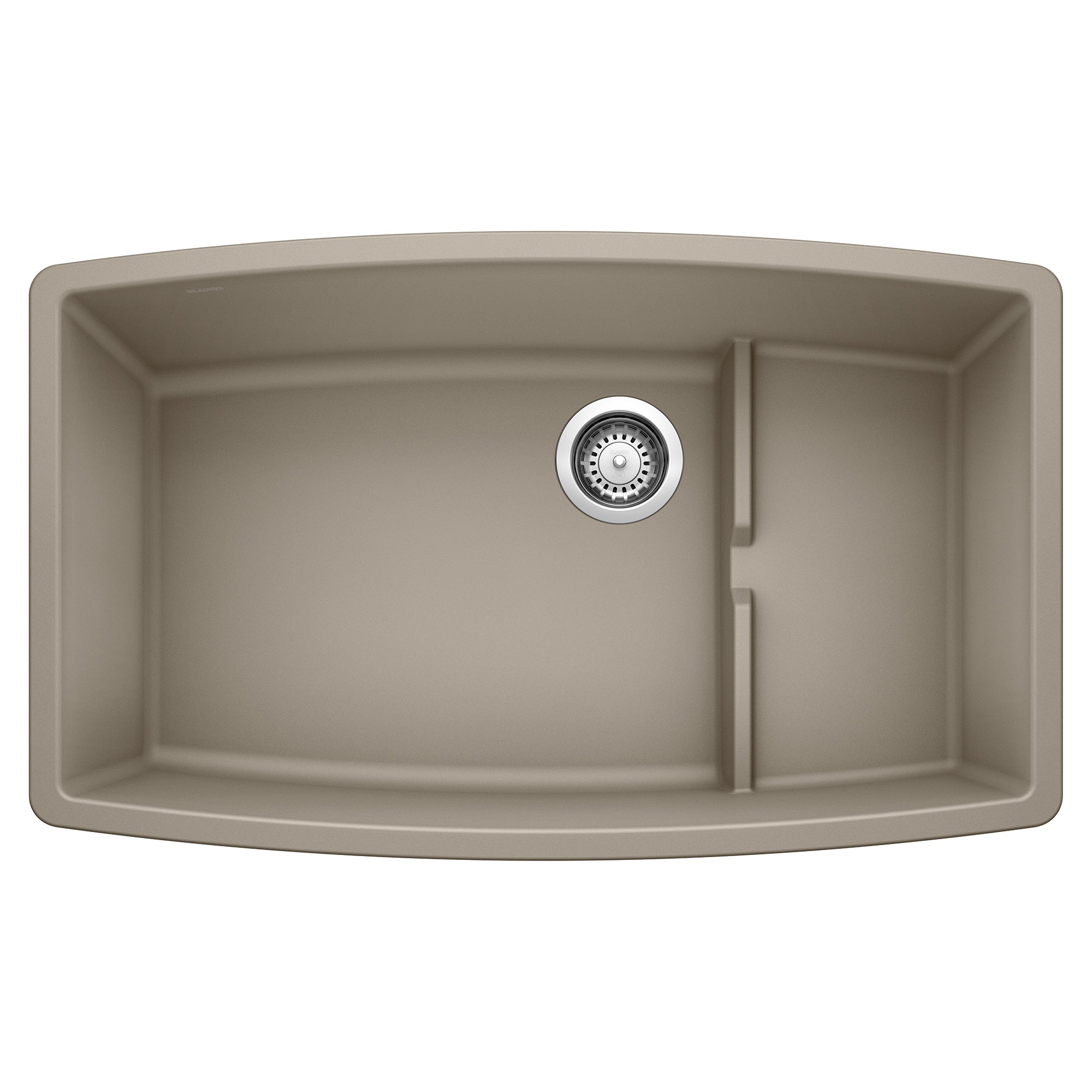 Truffle-colored undermount kitchen sink with two basins and chrome drain fixture, viewed from above.