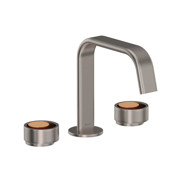 Widespread bathroom faucet with U-shaped spout in satin nickel and satin gold finish with round lever handles.
