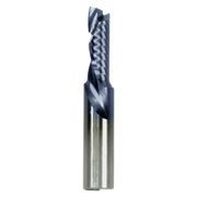 Black and gray compression router bit with spiral flutes and cylindrical shank on white background.