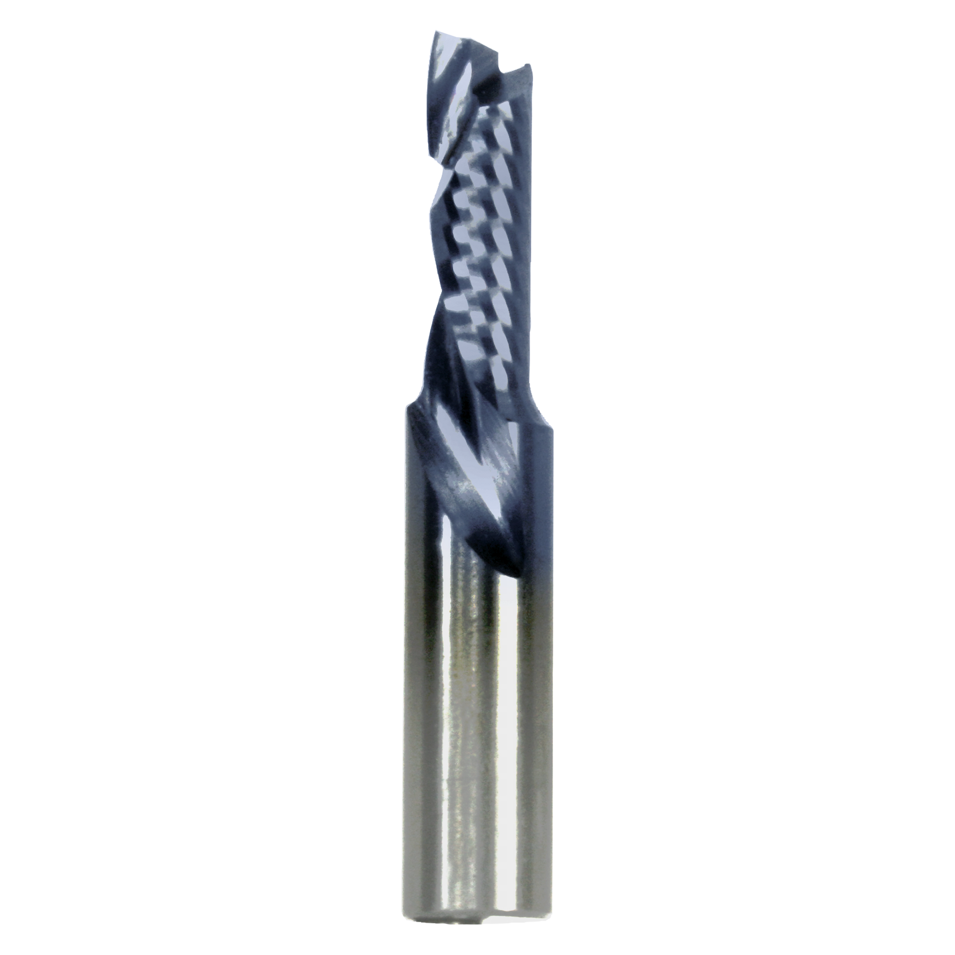 Black and gray compression router bit with spiral flutes and cylindrical shank on white background.