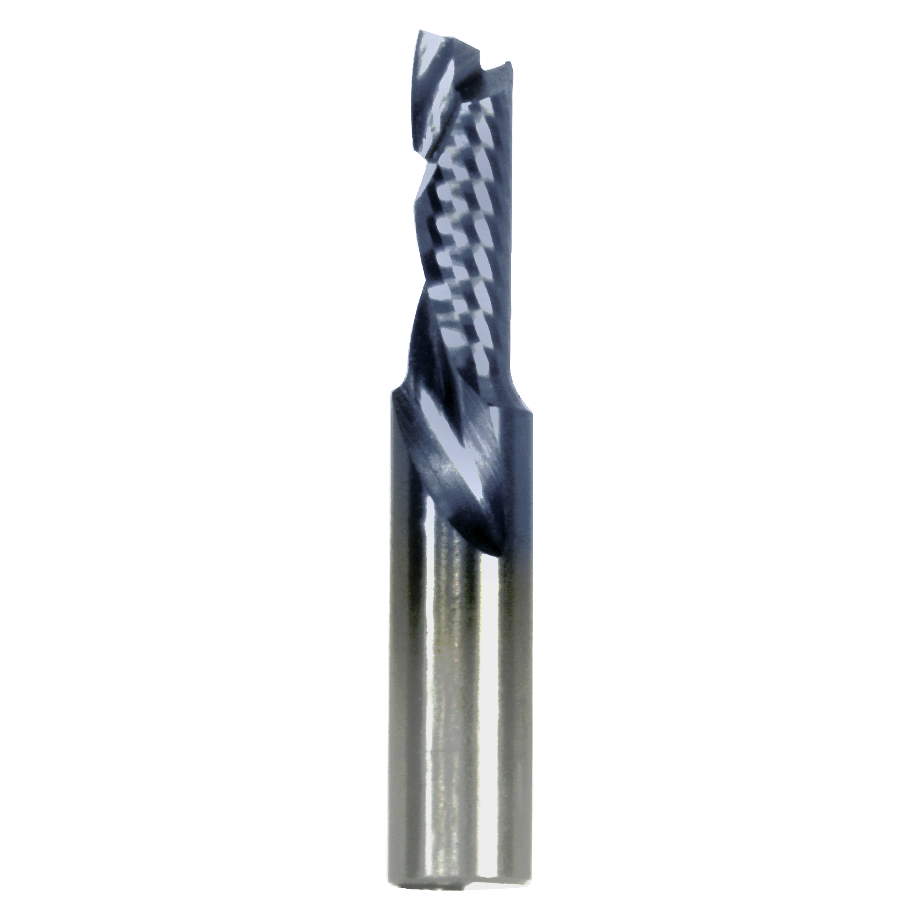 Black and gray compression router bit with spiral flutes and cylindrical shank on white background.