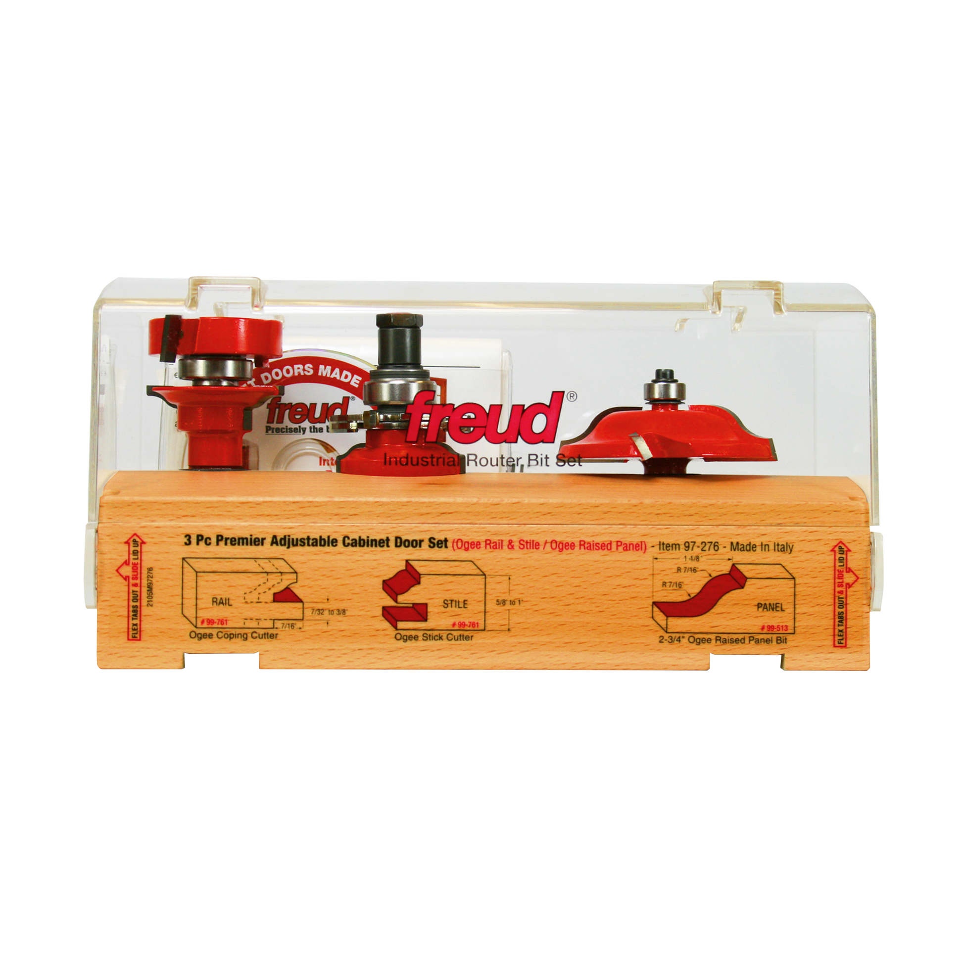 Three red router bits with various cutting profiles displayed in clear plastic case over wooden base with labeled diagrams.
