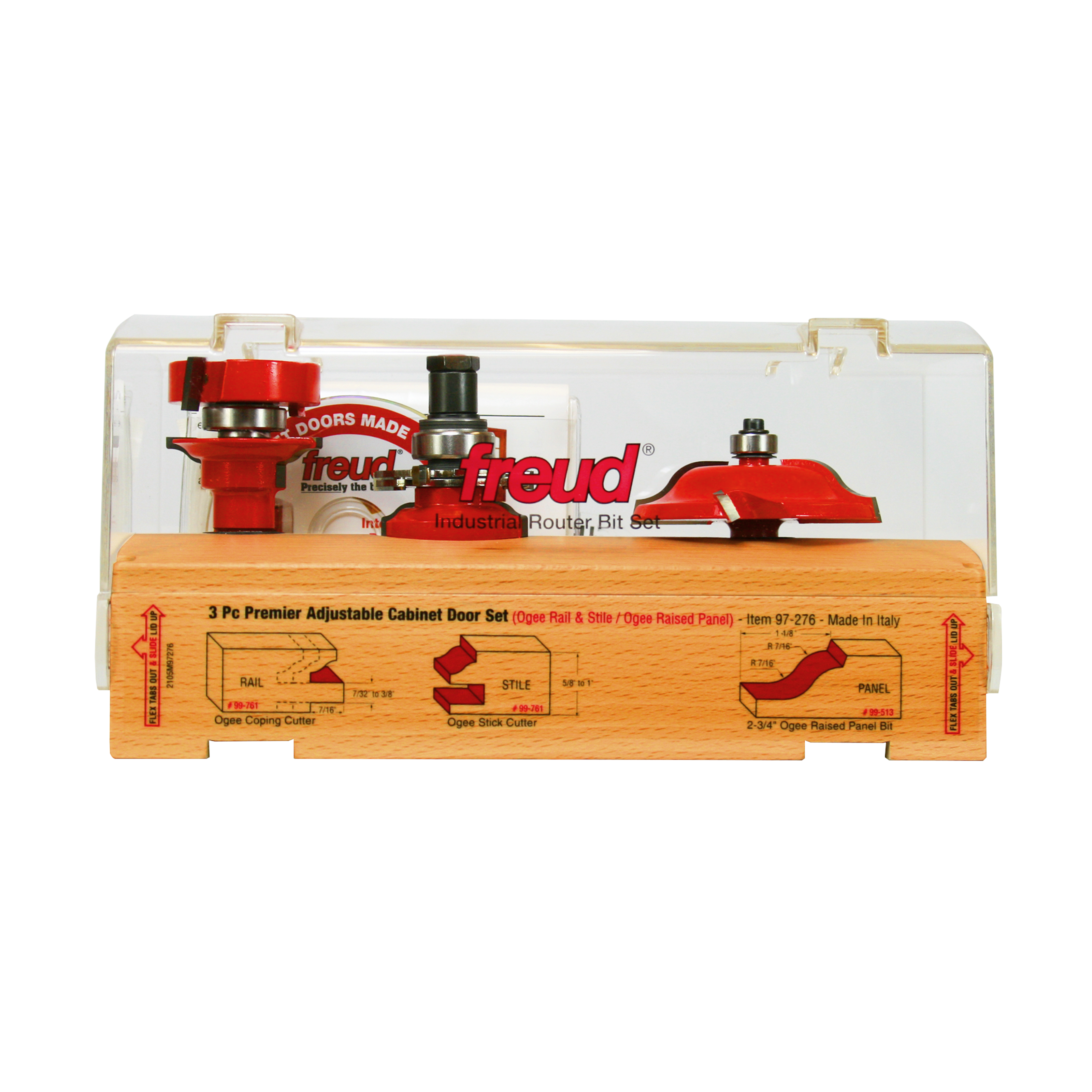 Three red router bits with various cutting profiles displayed in clear plastic case over wooden base with labeled diagrams.