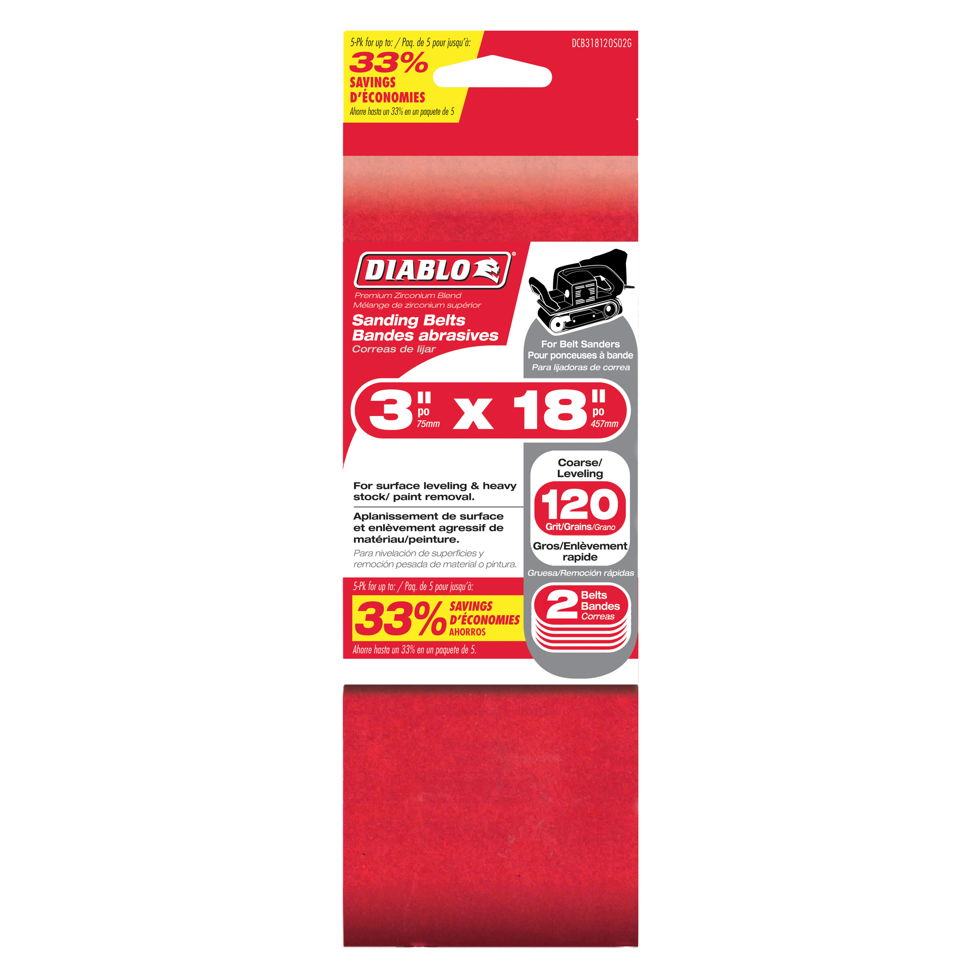 Two red sanding belts, 3 inches by 18 inches, 120 grit, in Diablo packaging.
