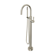 Polished nickel floor-mount tub filler with curved spout, single handle, and hand shower hose.