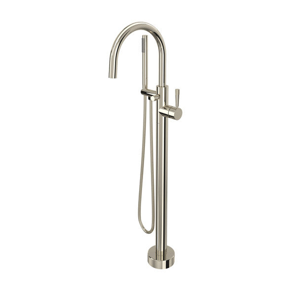 Polished nickel floor-mount tub filler with curved spout, single handle, and hand shower hose.