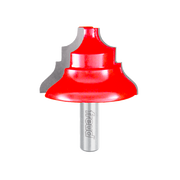 Red chair rail router bit with metal shank and decorative curved cutting edges.