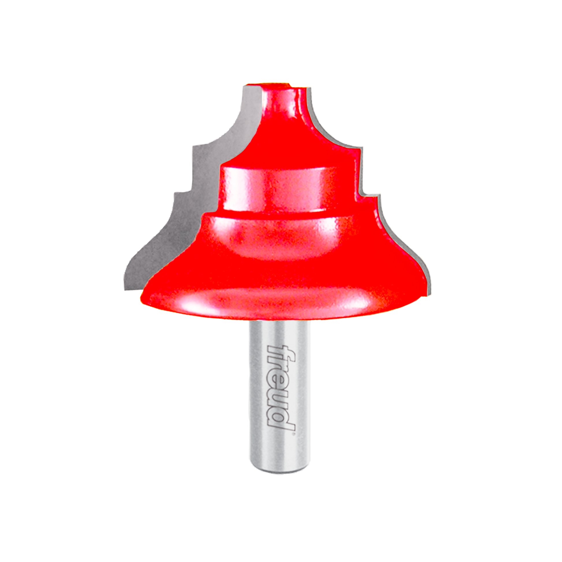 Red chair rail router bit with metal shank and decorative curved cutting edges.