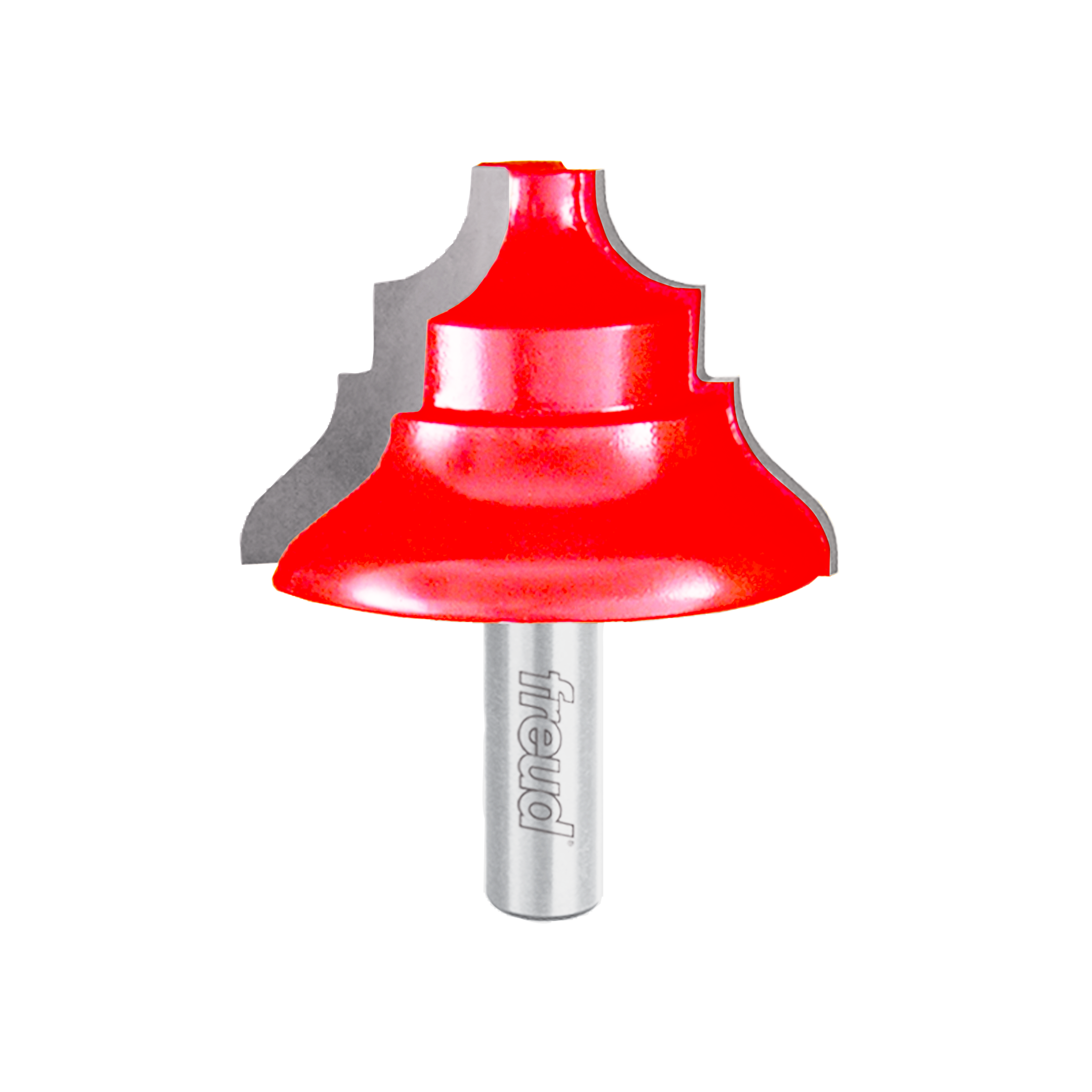 Red chair rail router bit with metal shank and decorative curved cutting edges.