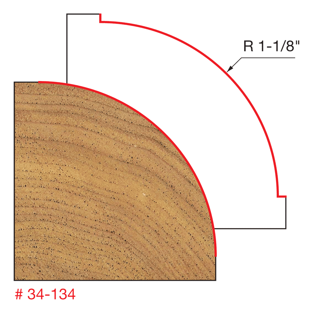 Cross-section diagram showing rounded edge profile with 1-1/8" radius curve on wood sample.
