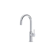 Chrome kitchen faucet with curved spout and single side handle control.