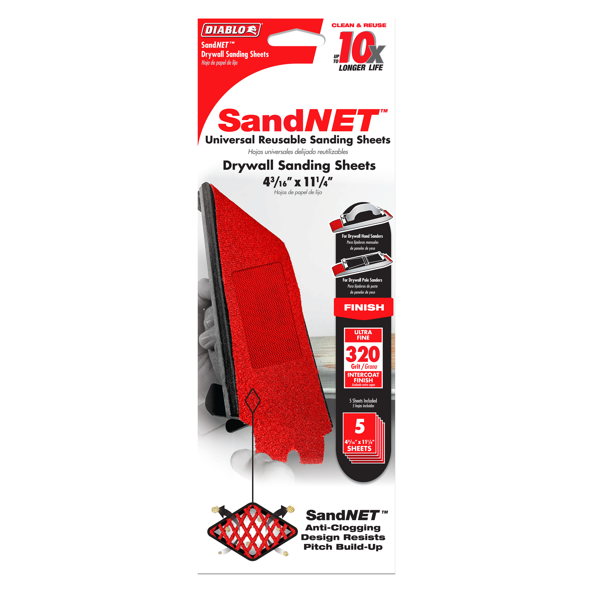 Red mesh drywall sanding sheets with 320-grit surface in packaging showing five-piece set and anti-clogging design.