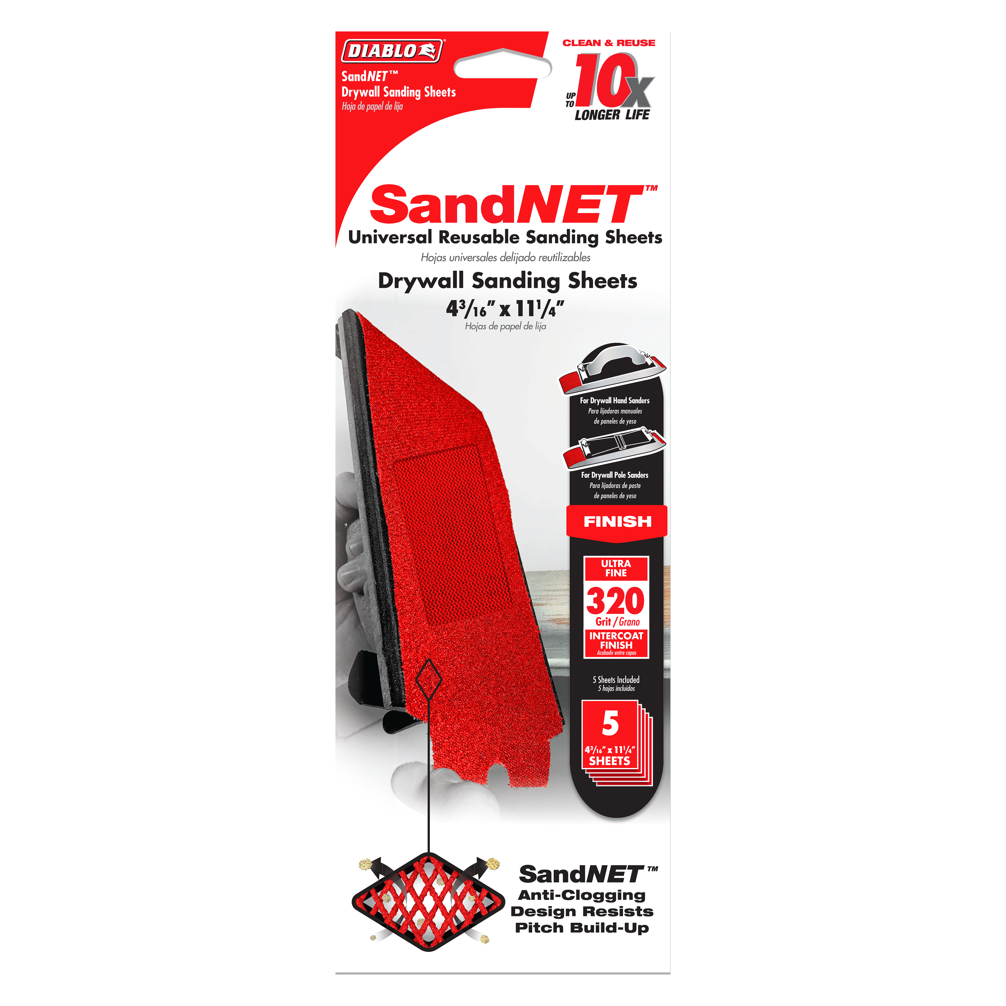 Red mesh drywall sanding sheets with 320-grit surface in packaging showing five-piece set and anti-clogging design.
