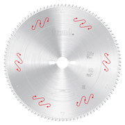 Silver circular saw blade with fine teeth around edge, center arbor hole, red wavy symbols, and Freud branding.