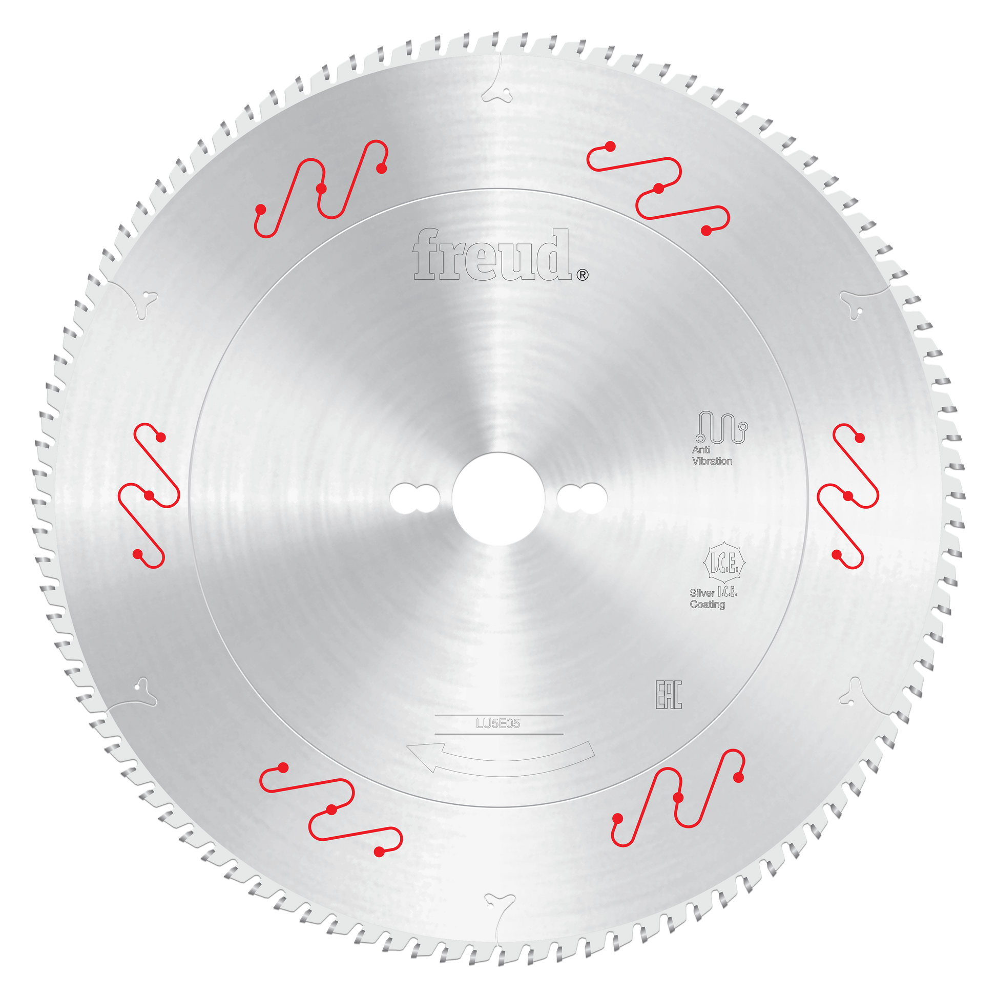 Silver circular saw blade with fine teeth around edge, center arbor hole, red wavy symbols, and Freud branding.