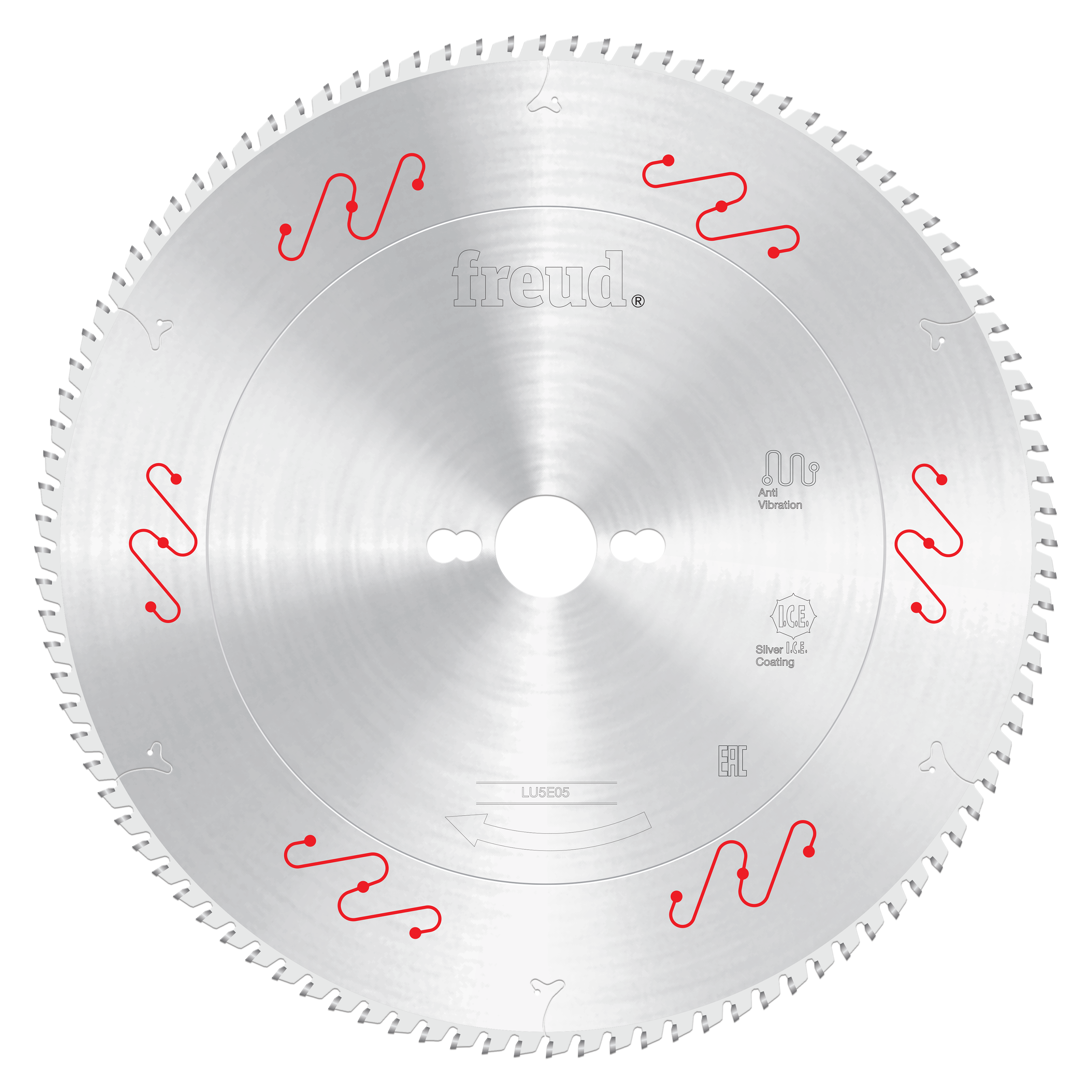 Silver circular saw blade with fine teeth around edge, center arbor hole, red wavy symbols, and Freud branding.