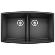 Anthracite double bowl undermount sink with two equal compartments and chrome drain strainers.