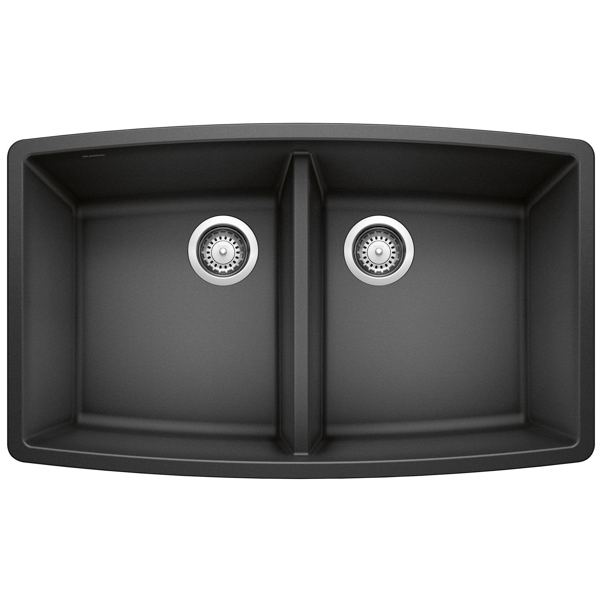 Anthracite double bowl undermount sink with two equal compartments and chrome drain strainers.