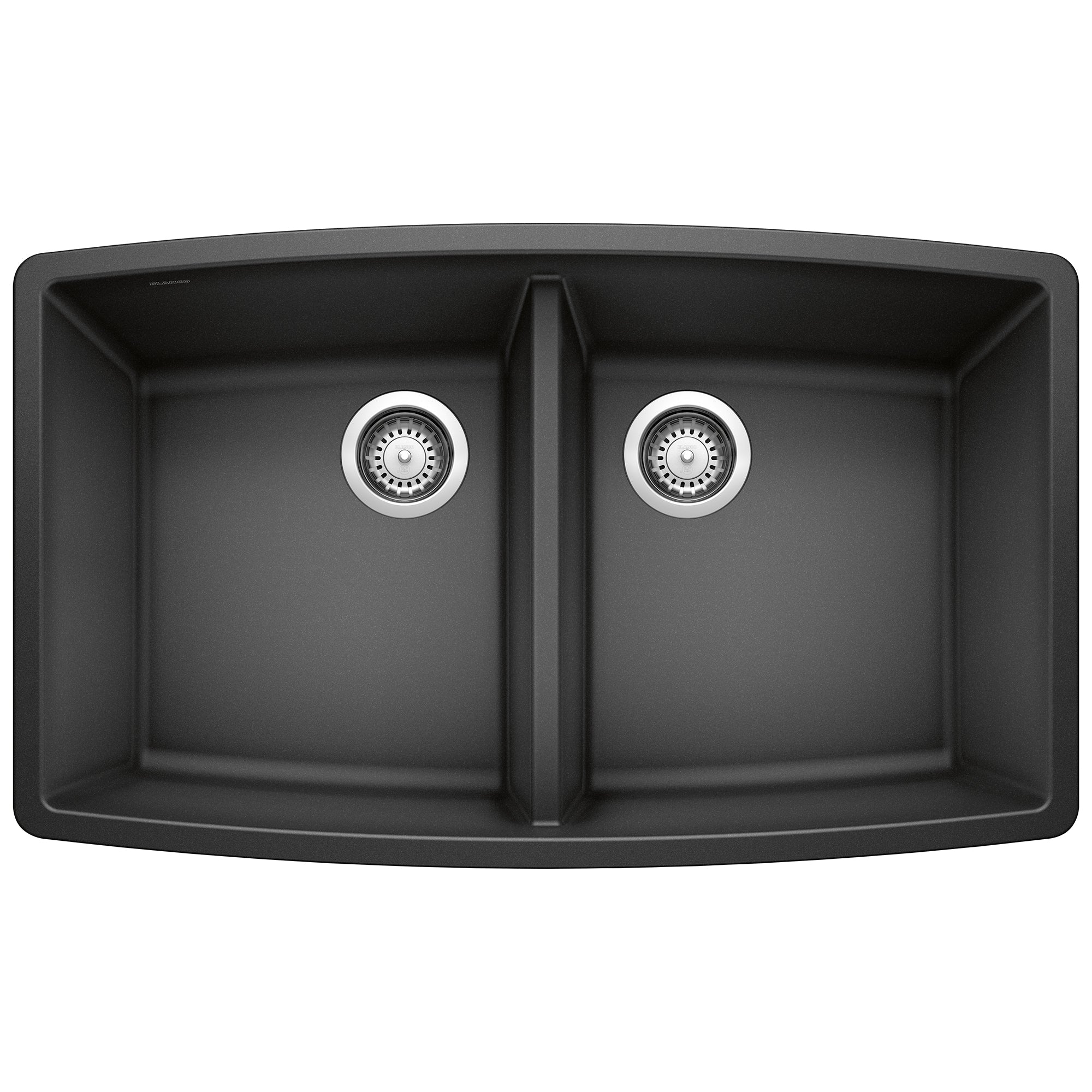 Anthracite double bowl undermount sink with two equal compartments and chrome drain strainers.