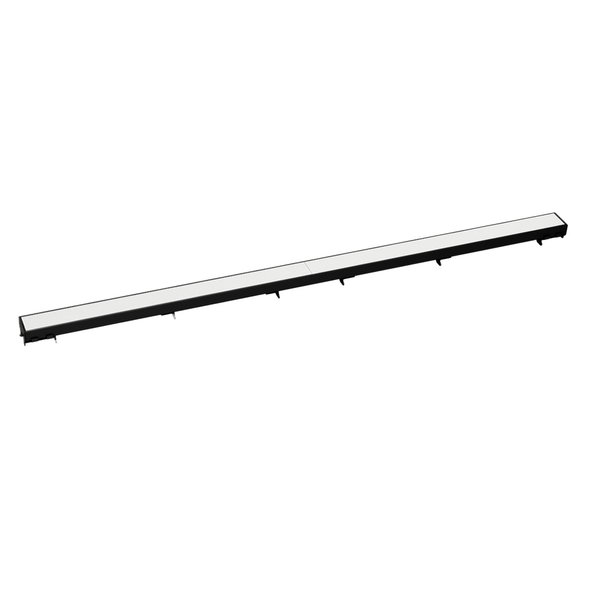 Matte black linear drain grate with stainless steel frame and slotted design.