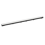 Matte black linear drain grate with stainless steel frame and evenly spaced slats along its length.