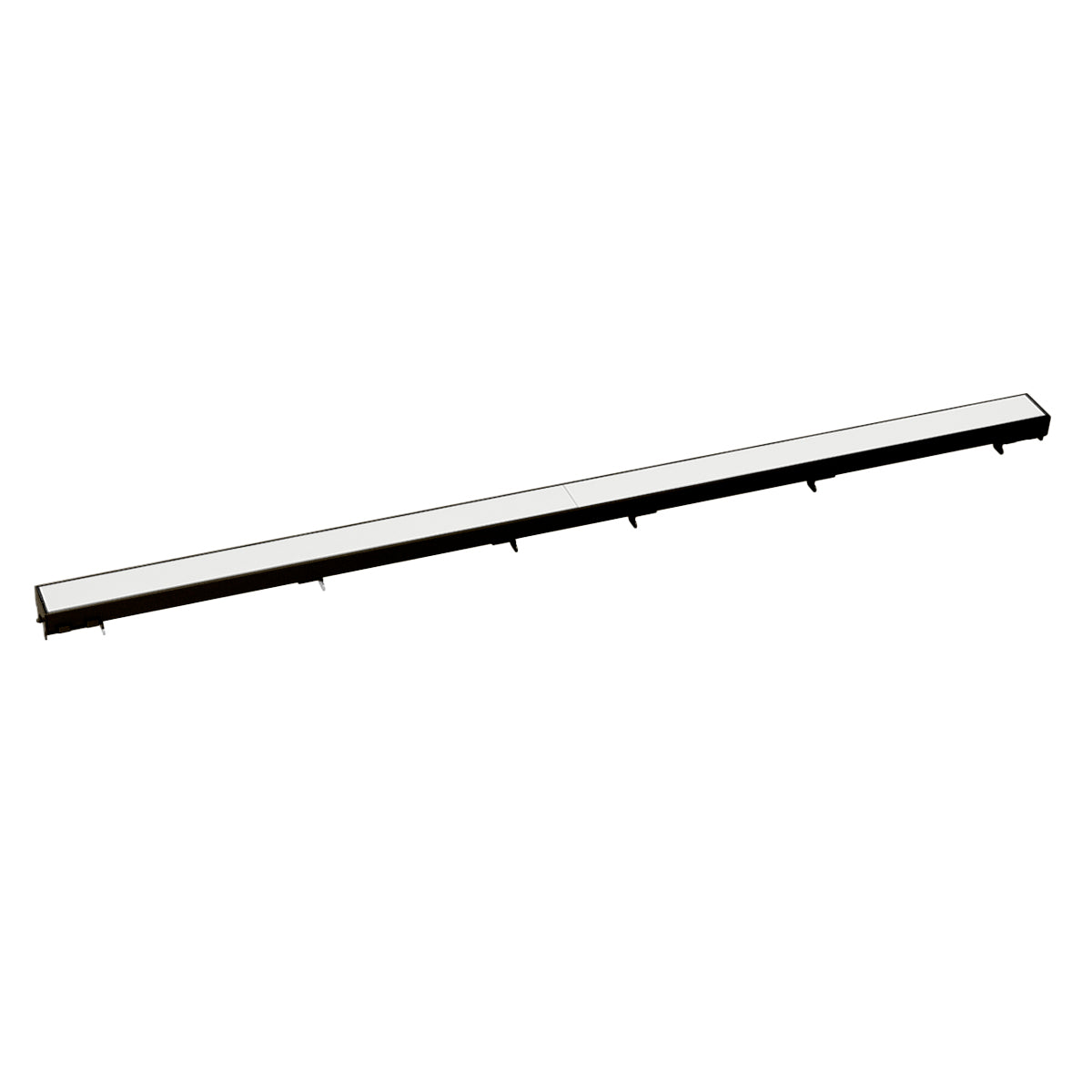 Oil rubbed bronze linear drain grate with horizontal slat design and mounting brackets.
