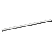 Polished stainless steel linear drain grate, 48 inches long, with horizontal slat design and black frame.