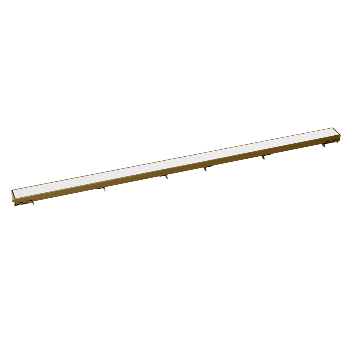 Satin bronze linear drain grate with white center strip and mounting feet along length.