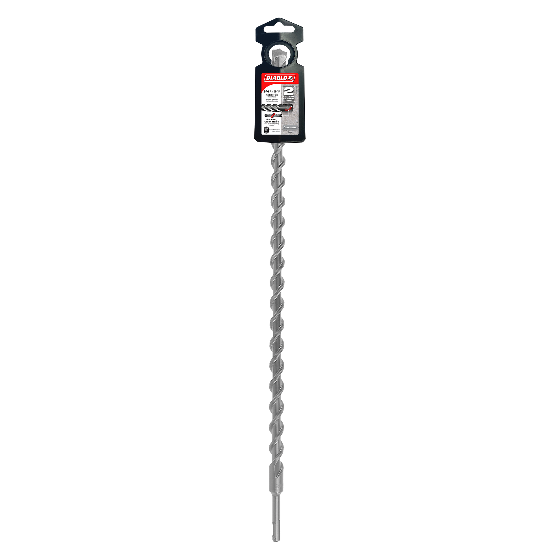 Diablo SDS-Plus masonry bit with black packaging and long spiral flutes for concrete drilling.