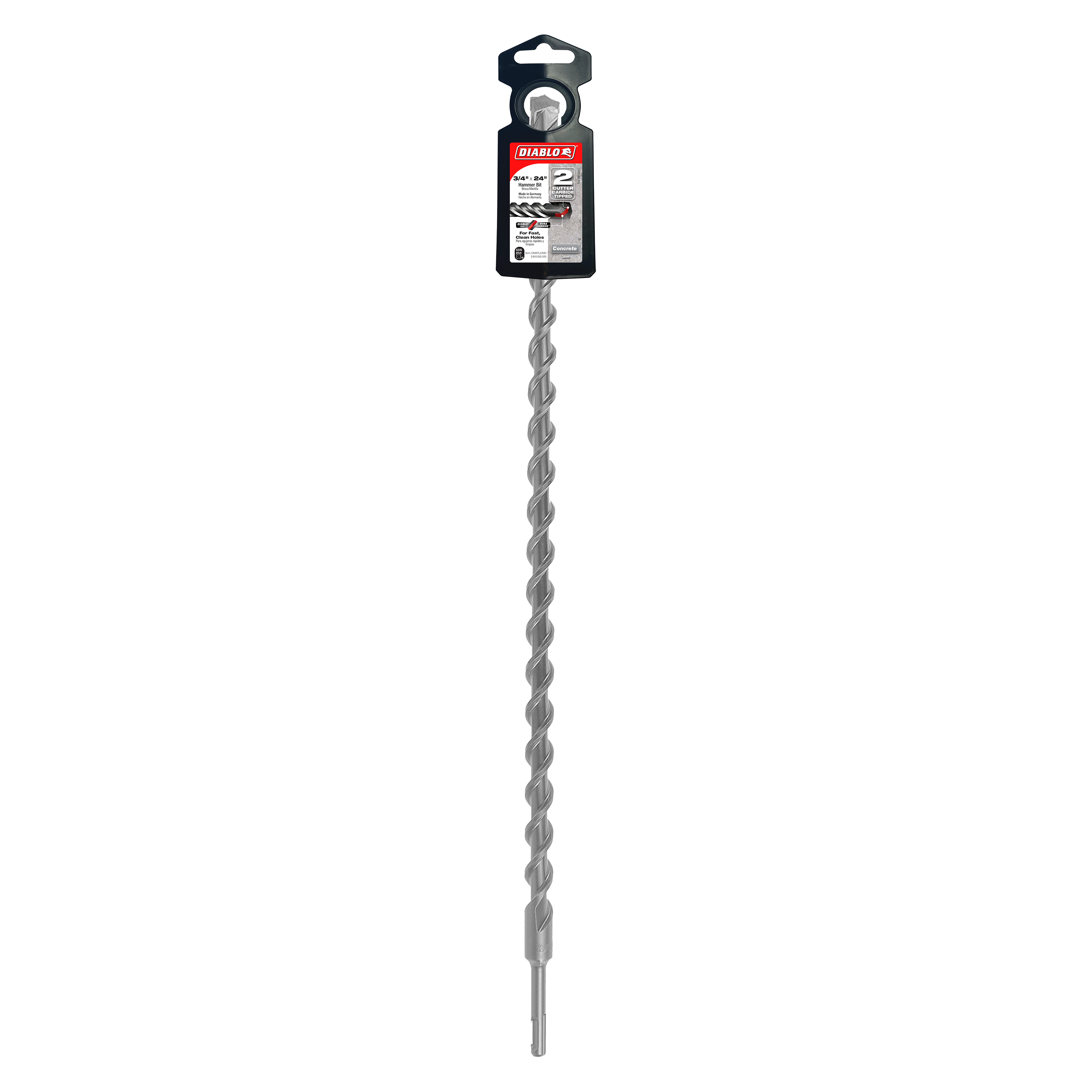 Diablo SDS-Plus masonry bit with black packaging and long spiral flutes for concrete drilling.