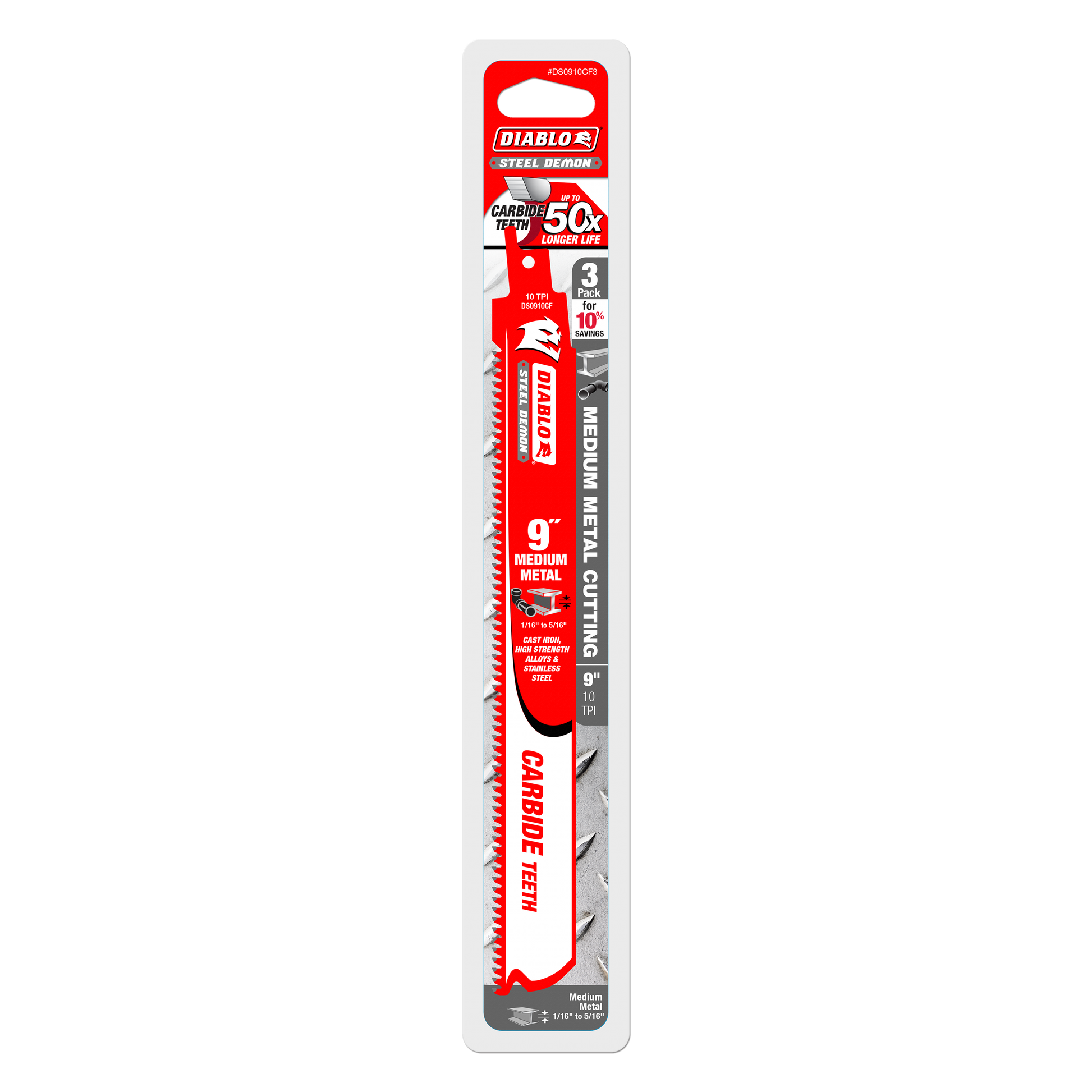 Three 9-inch Steel Demon carbide reciprocating saw blades with red packaging labeled for medium metal cutting.