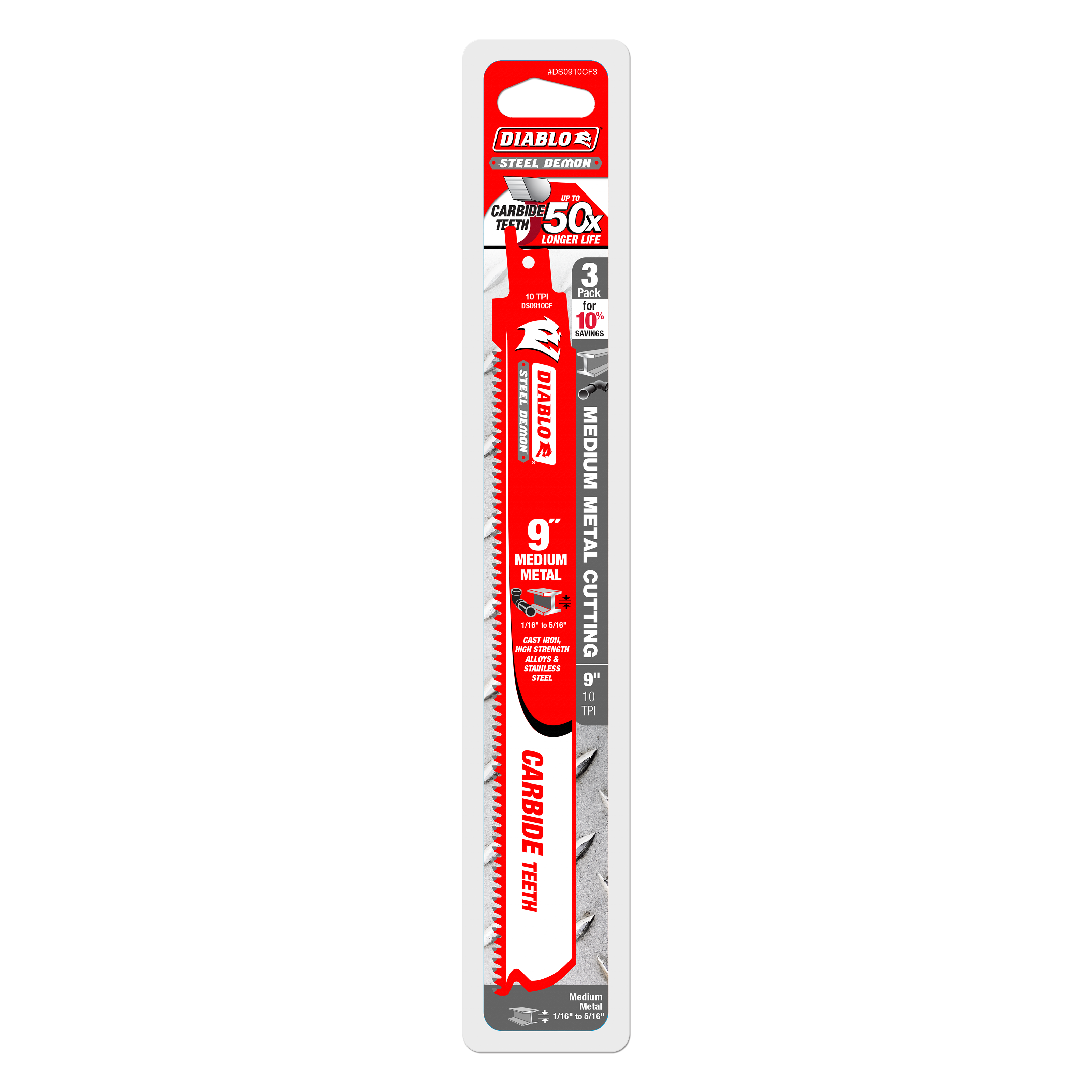 Three 9-inch Steel Demon carbide reciprocating saw blades with red packaging labeled for medium metal cutting.