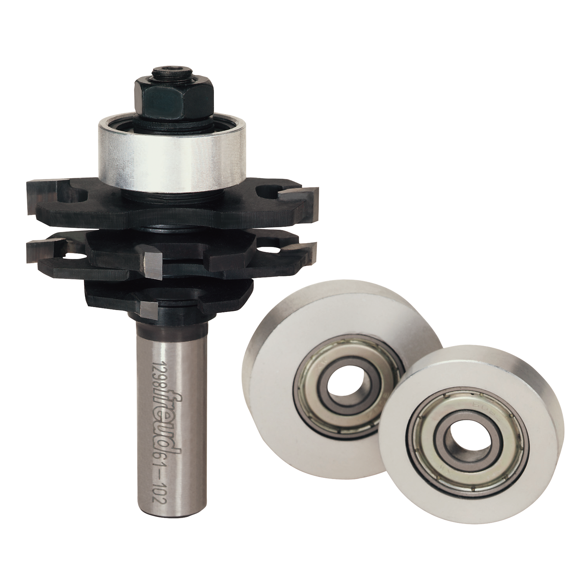 Stacked slotting router bit set with metal shank, black stackable cutters, and two white bearing wheels with ball bearings.