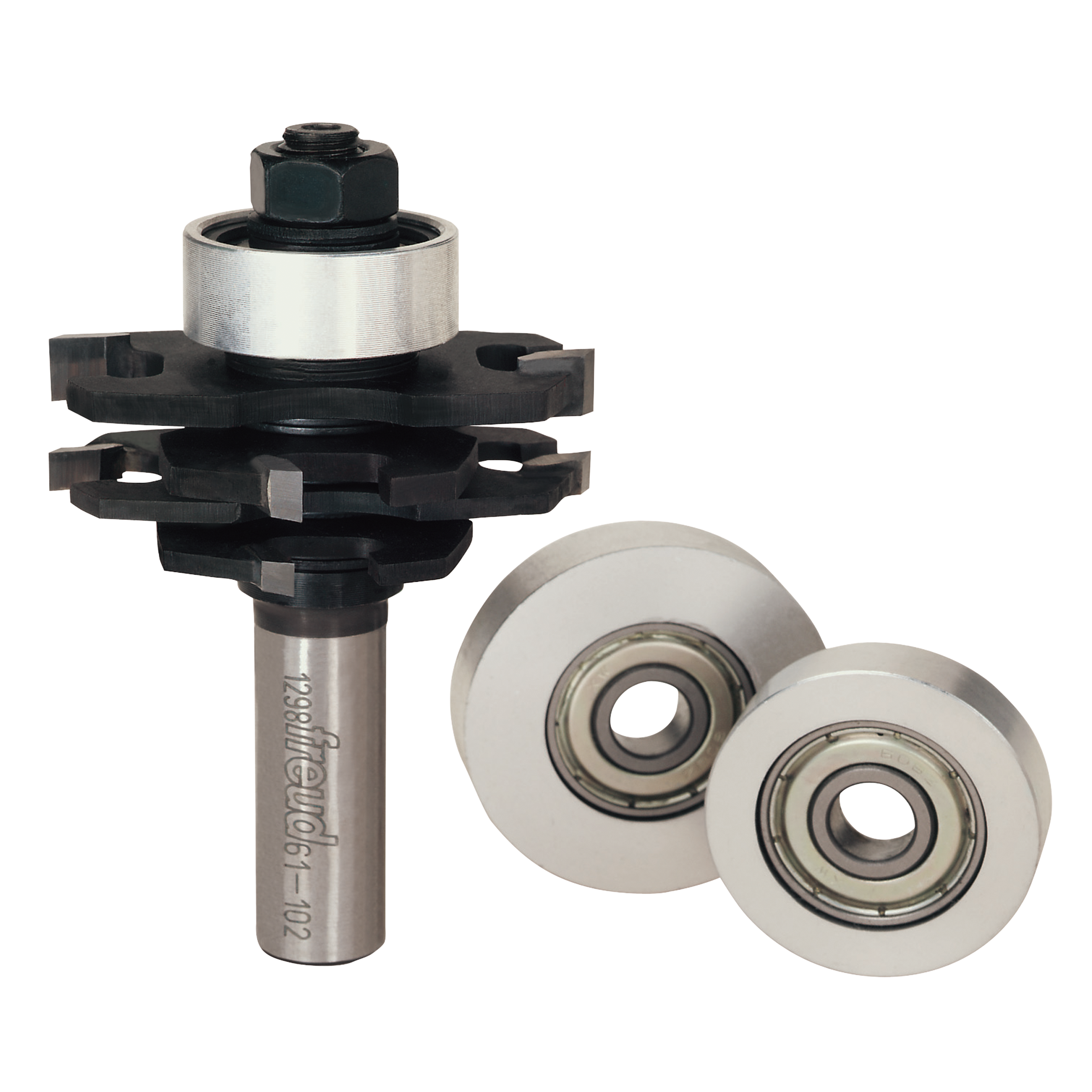 Stacked slotting router bit set with metal shank, black stackable cutters, and two white bearing wheels with ball bearings.