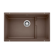 Cafe brown undermount kitchen sink with one large basin, one smaller basin, and chrome drain strainer.