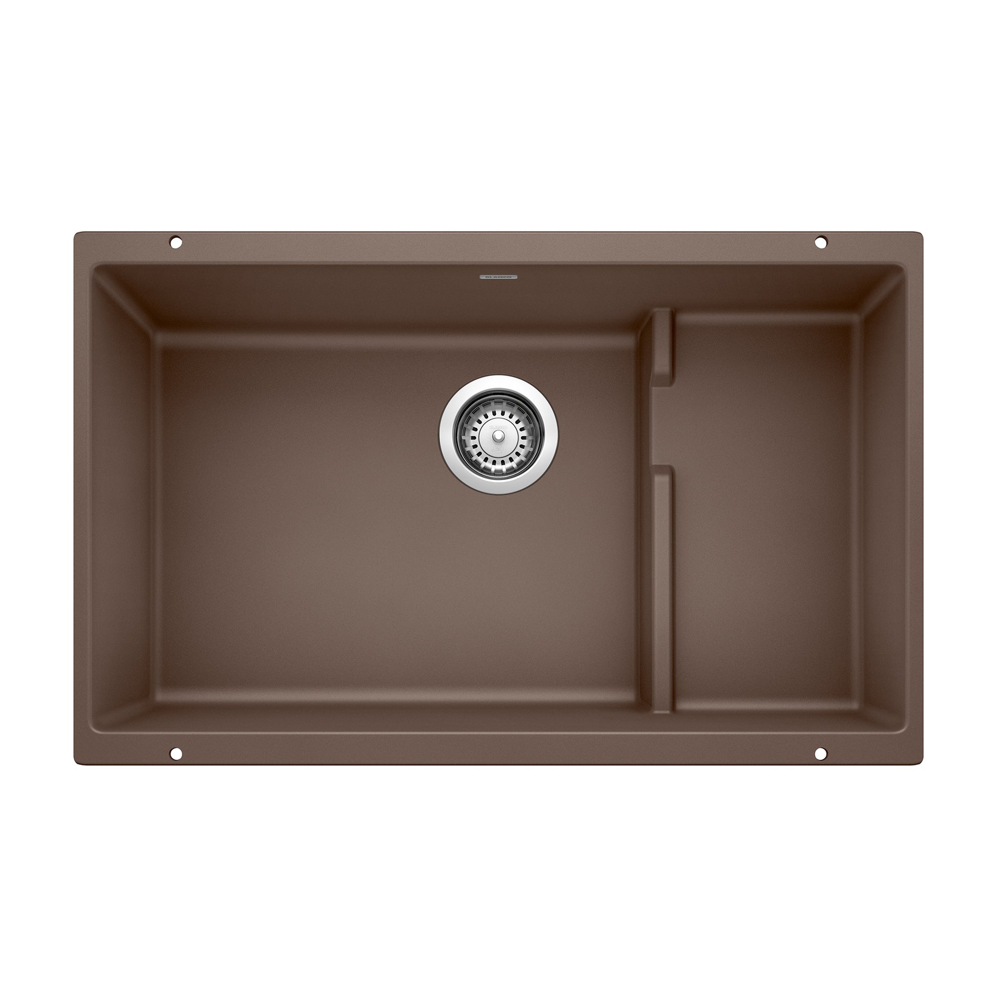 Cafe brown undermount kitchen sink with one large basin, one smaller basin, and chrome drain strainer.
