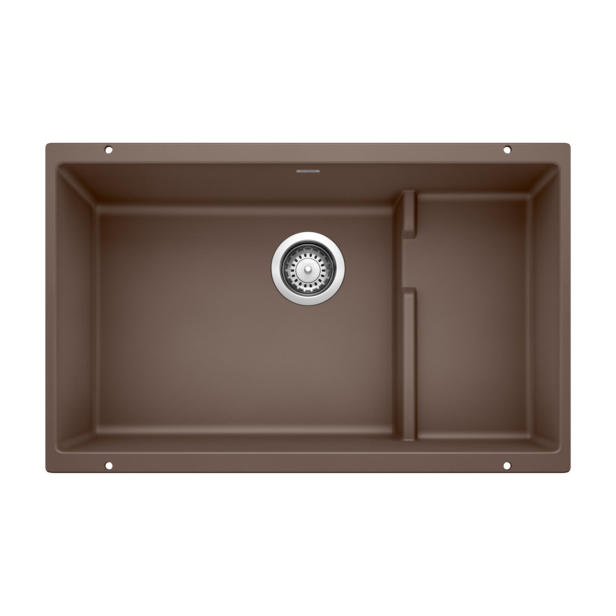 Cafe brown undermount kitchen sink with one large basin, one smaller basin, and chrome drain strainer.